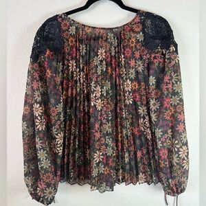 Farm Rio Anthropologie Floral Blouse Black Lace Trim Boho Oversized XXS